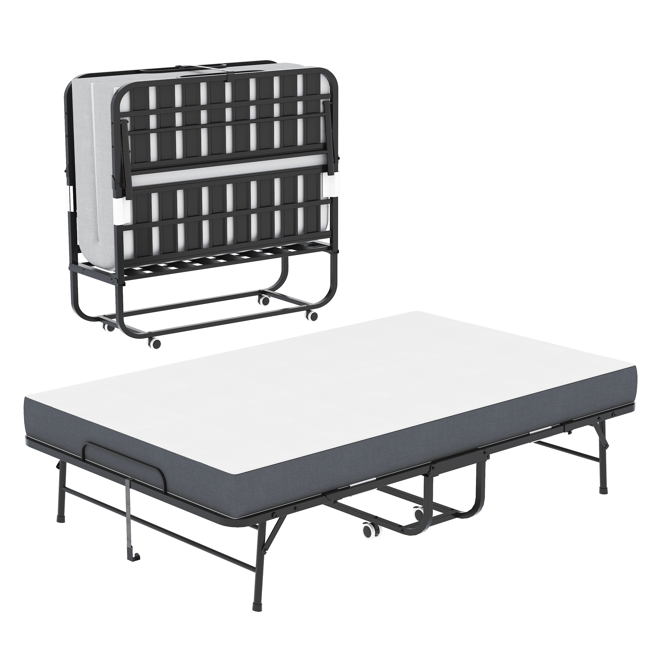 PORKISS Extra Wide Folding Bed with Mattress for Adults, Rollaway Guest Bed with 5" Memory Foam Mattress, Portable Foldable Bed with Locking Wheels, Space Saving Guest Bed, 74.8" x 45.6"