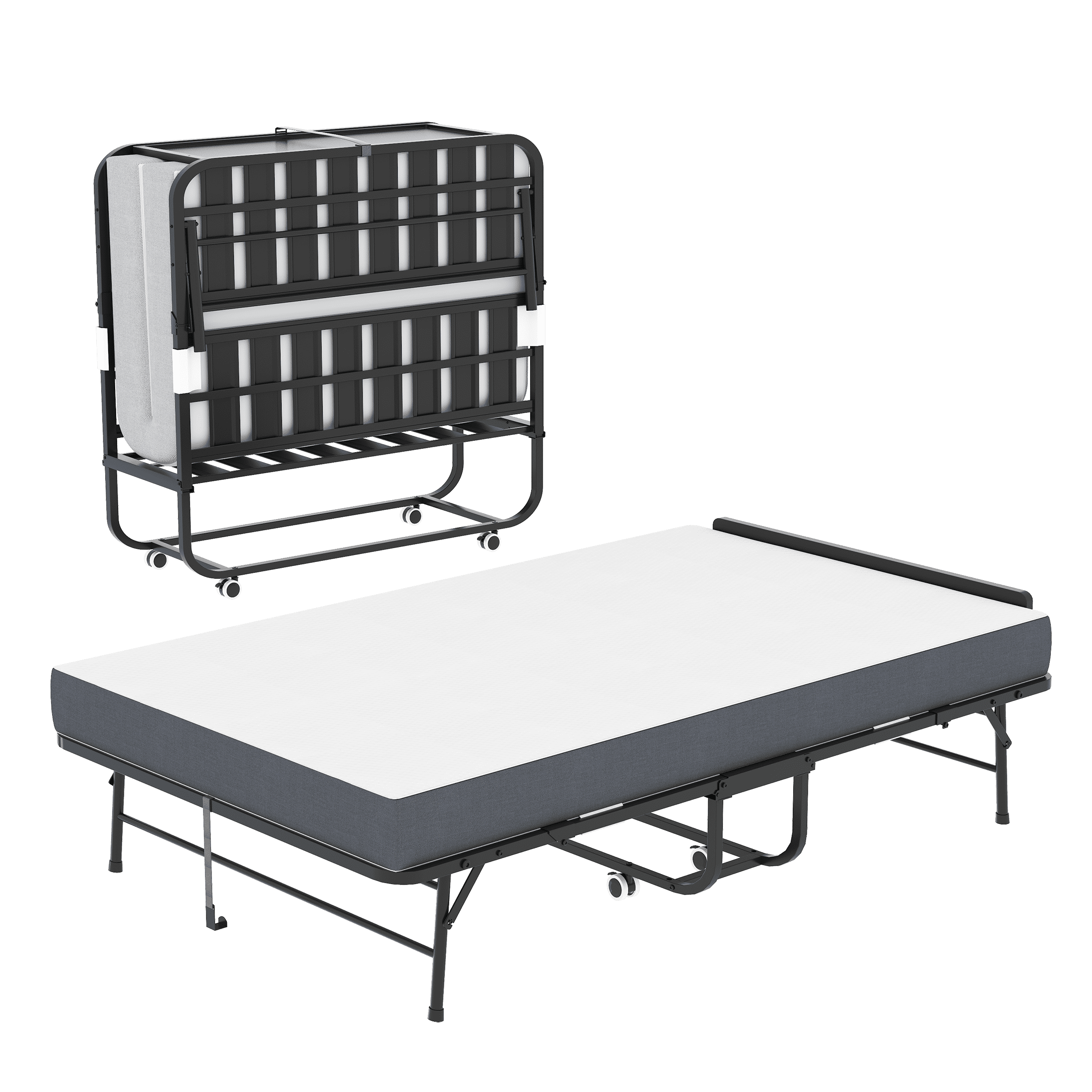 PORKISS Extra Wide Folding Bed with Mattress for Adults, Rollaway Guest Bed with 5" Memory Foam Mattress, Portable Foldable Bed with Locking Wheels, Space Saving Guest Bed, 74.8"x 45.6" + Headboard