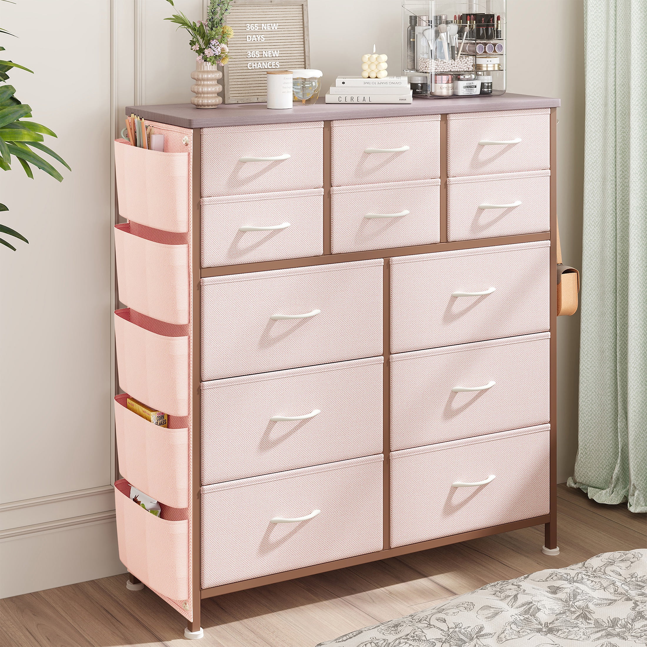 PORKISS Fabric Dresser for Bedroom 12 Drawer with 5 Side Pockets 2 Hooks, Chest of Drawers Dresser with Steel Frame Wooden Top for Living Room, Bedroom, Hallway, Pink