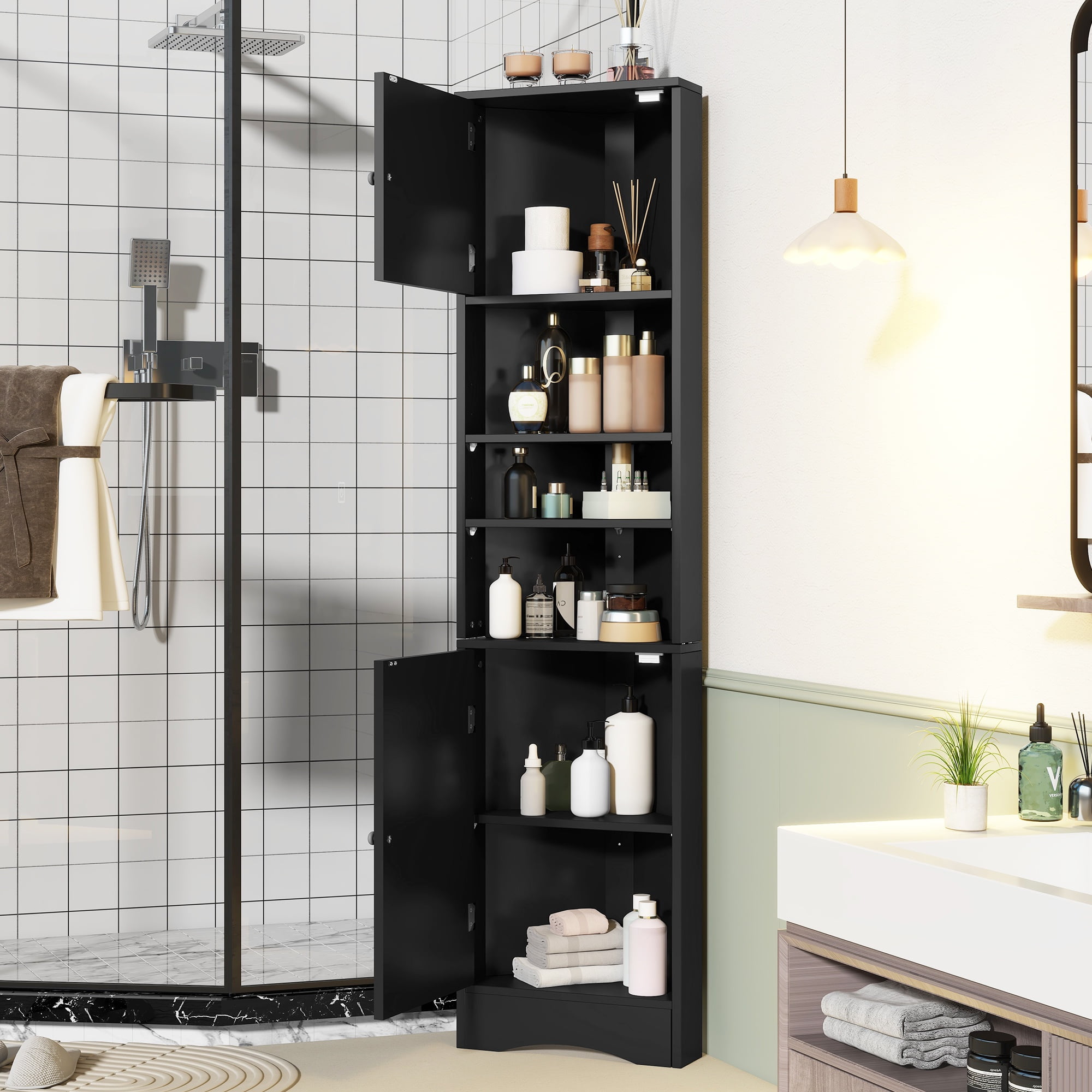 PORKISS 66.9" Tall Corner Cabinet with 2 Barn Doors, 6 Tier Bookcase Storage Cabinet with Adjustable Shelves, Corner Storage Cabinet for Bathroom, Living Room, Kitchen, Black