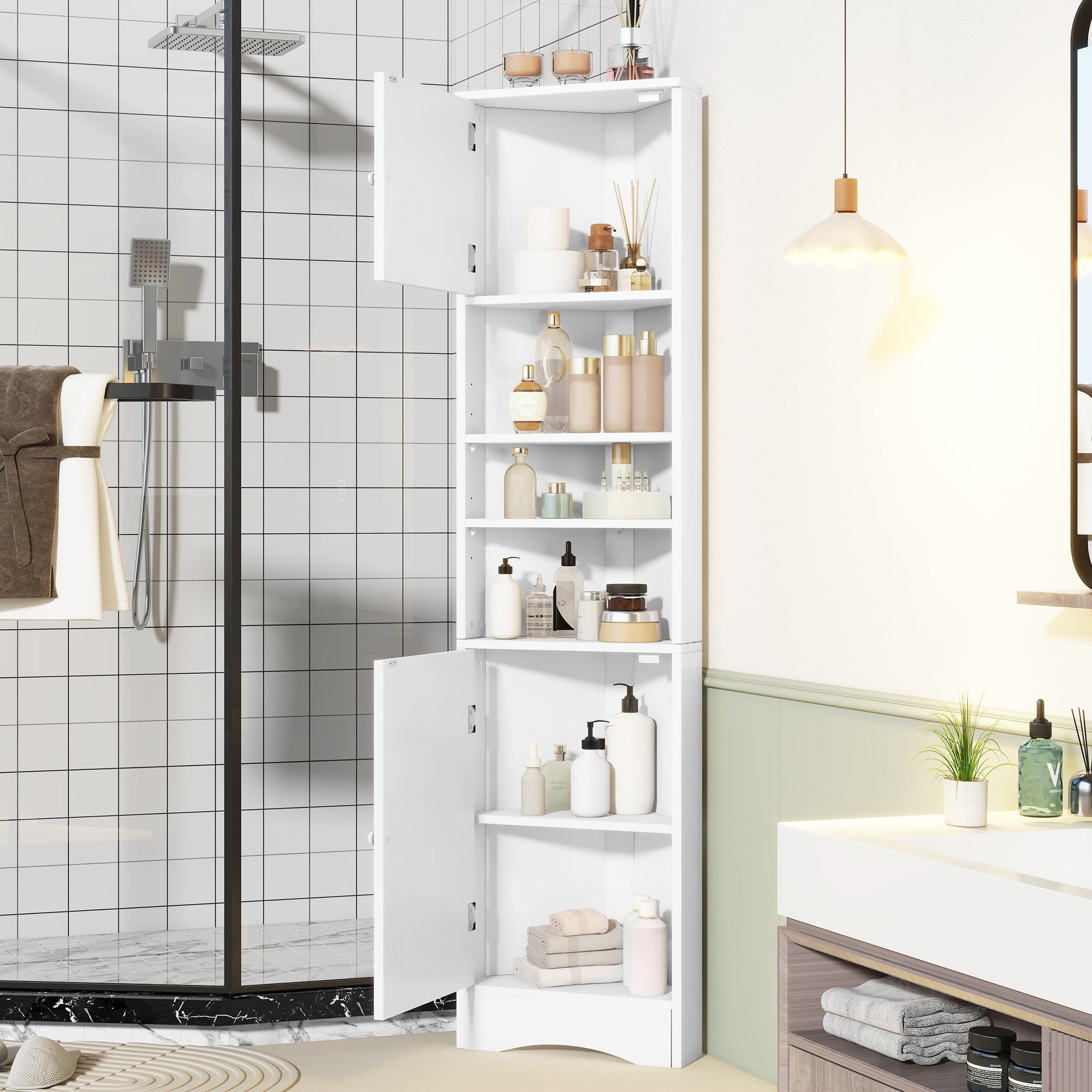 PORKISS 66.9" Tall Corner Cabinet with 2 Barn Doors, 6 Tier Bookcase Storage Cabinet with Adjustable Shelves, Corner Storage Cabinet for Bathroom, Living Room, Kitchen, White