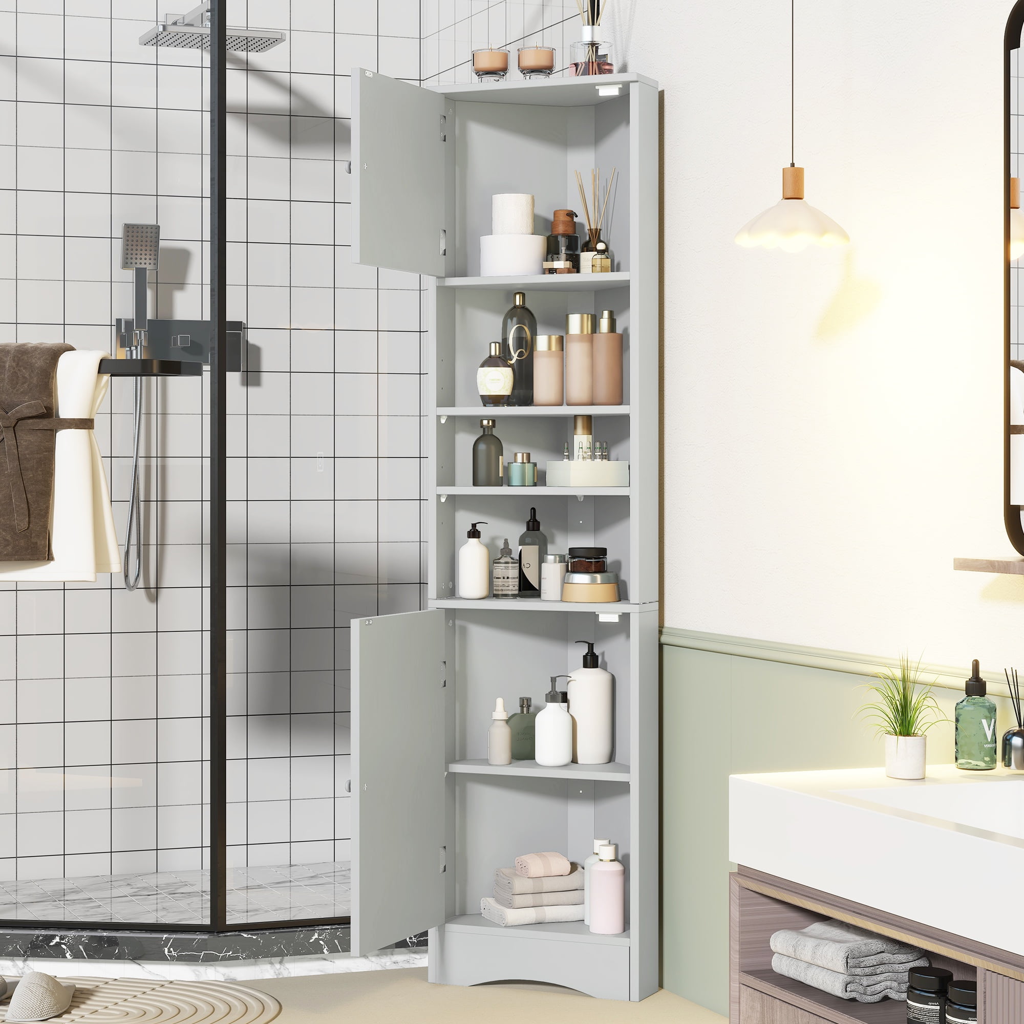 PORKISS 66.9" Tall Corner Cabinet with 2 Barn Doors, 6 Tier Bookcase Storage Cabinet with Adjustable Shelves, Corner Storage Cabinet for Bathroom, Living Room, Kitchen, Grey