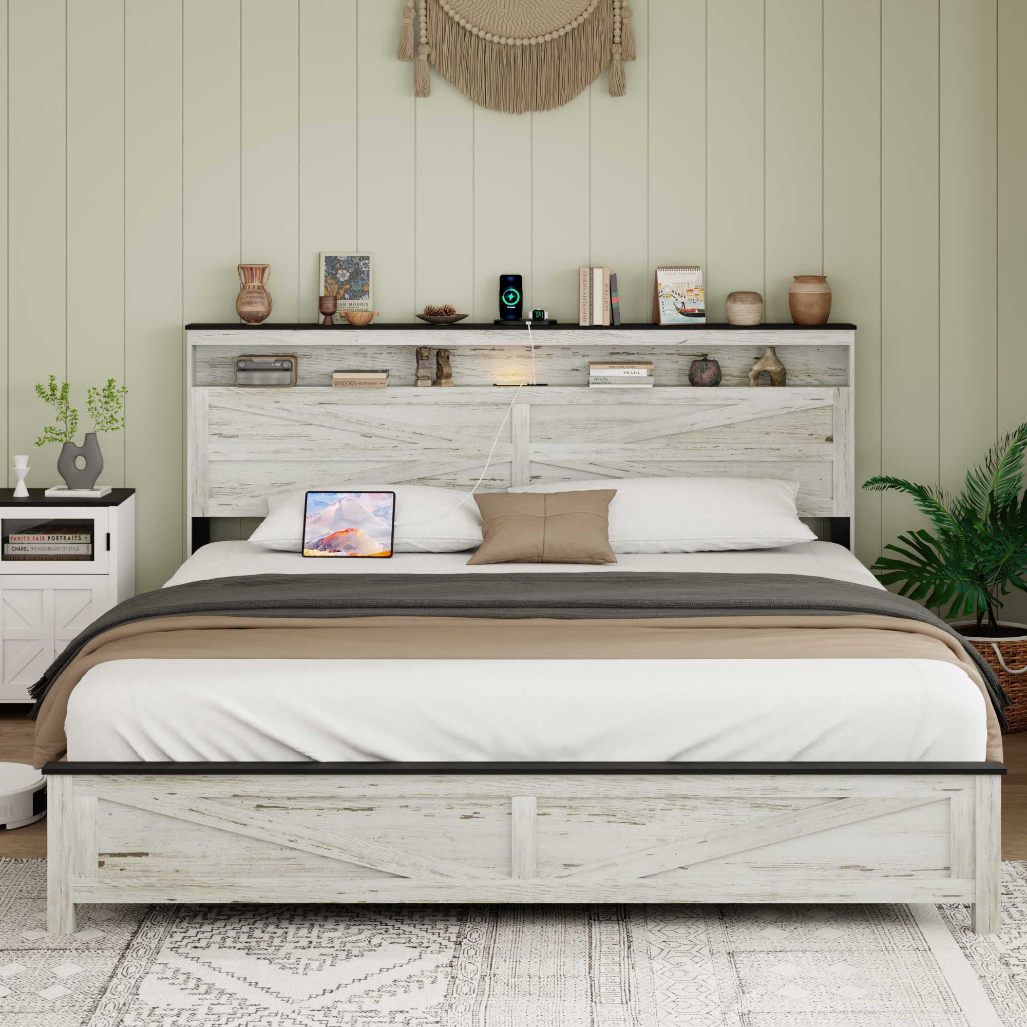PORKISS Farmhouse King Bed Frame with Storage Headboard & Charging Station, White Platform Bed Frame with Headboard and Footboard, Heavy Duty Metal Slat Support, No Box Spring Needed