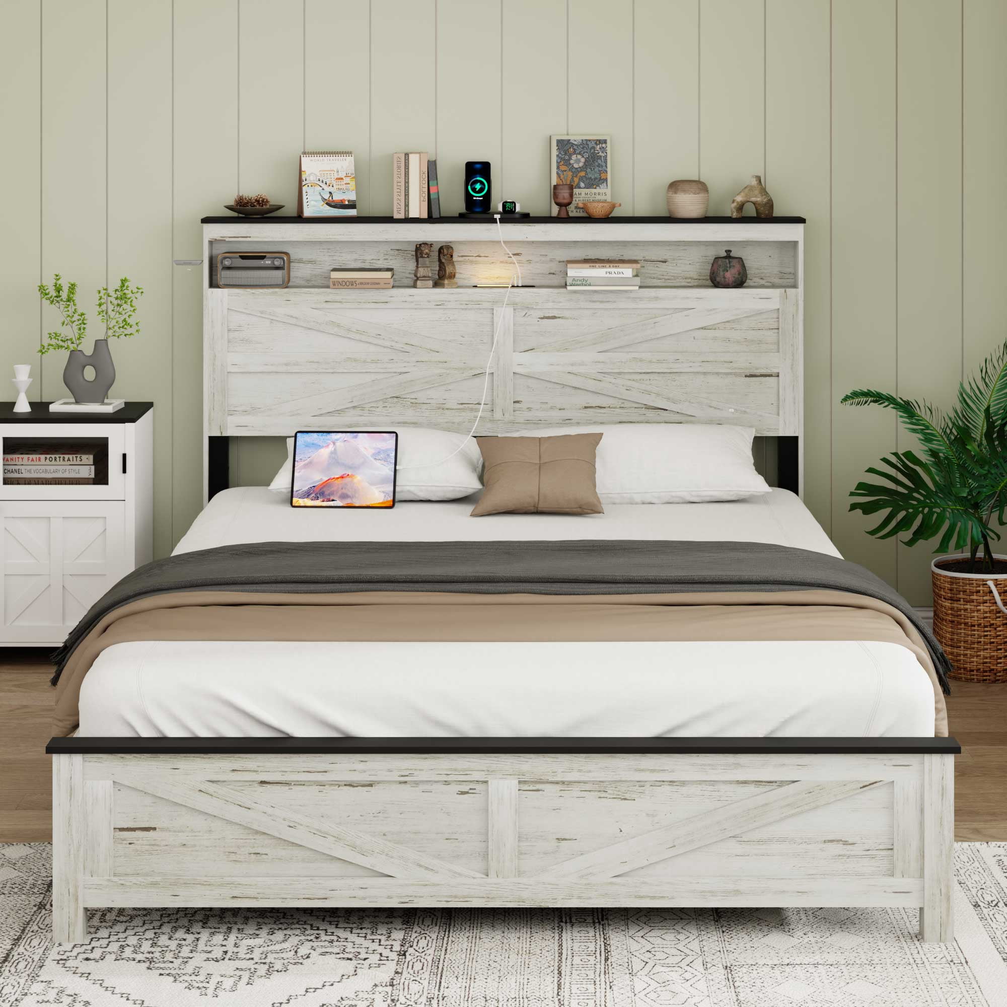 PORKISS Farmhouse Queen Bed Frame with Storage Headboard & Charging Station, White Platform Bed Frame with Headboard and Footboard, Heavy Duty Metal Slat Support, No Box Spring Needed