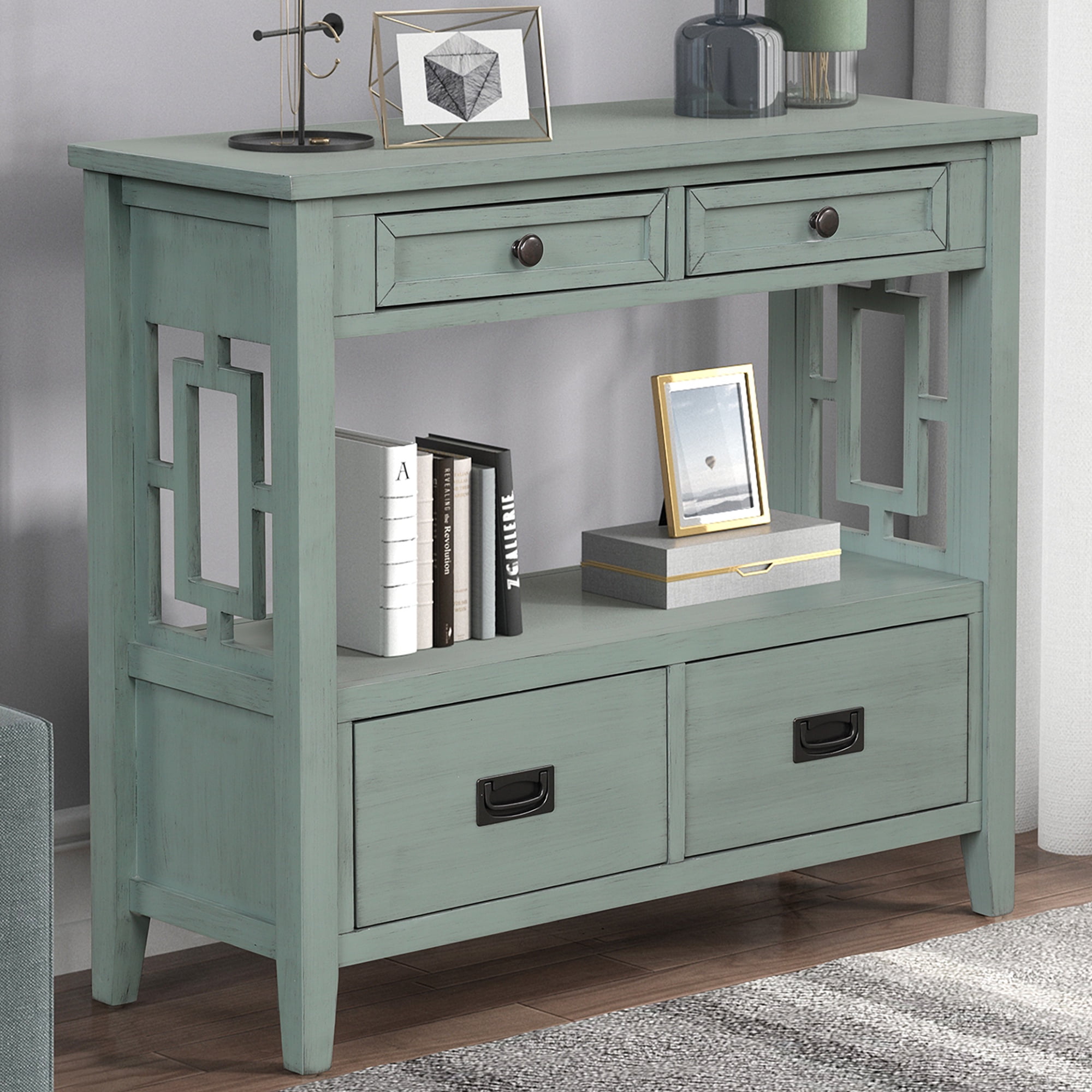 PORKISS Farmhouse Solid Wood Console Table, Entryway Table Hallway Table with 4 Drawers 1 Storage Shelf, Sofa Table for Living Room, Foyer, Retro Blue