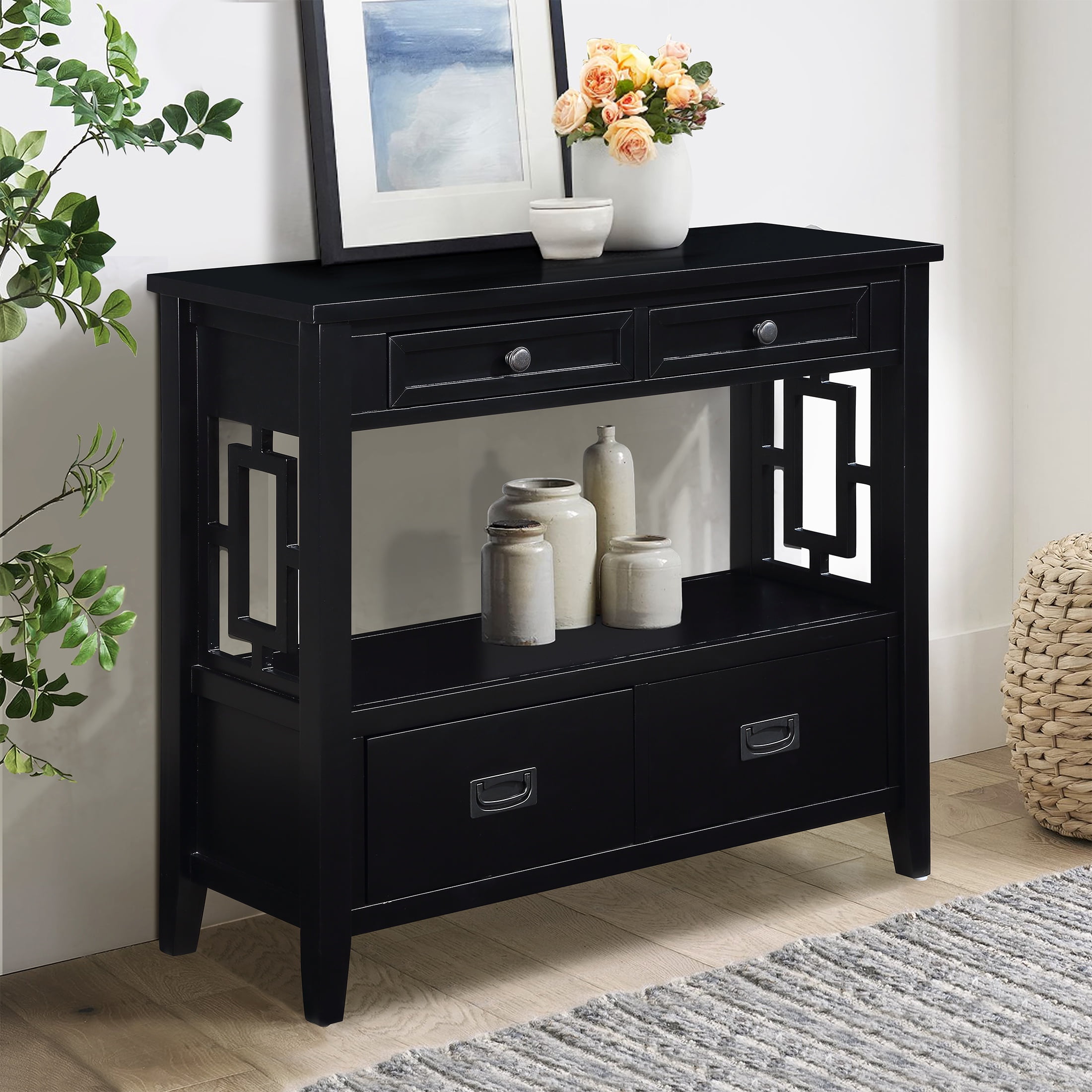 PORKISS Farmhouse Solid Wood Console Table, Entryway Table Hallway Table with 4 Drawers 1 Storage Shelf, Sofa Table for Living Room, Foyer, Black