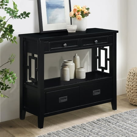 PORKISS Farmhouse Solid Wood Console Table, Entryway Table Hallway Table with 4 Drawers 1 Storage Shelf, Sofa Table for Living Room, Foyer, Black