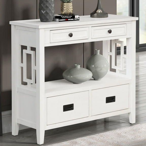 PORKISS Farmhouse Solid Wood Console Table, Entryway Table Hallway Table with 4 Drawers 1 Storage Shelf, Sofa Table for Living Room, Foyer, White