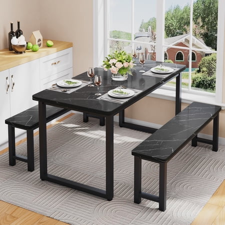 PORKISS Kitchen Table with 2 Benches, 3 Piece Dining Table Set, Dining Table with Metal Frame Faux Marble Table Top, Black