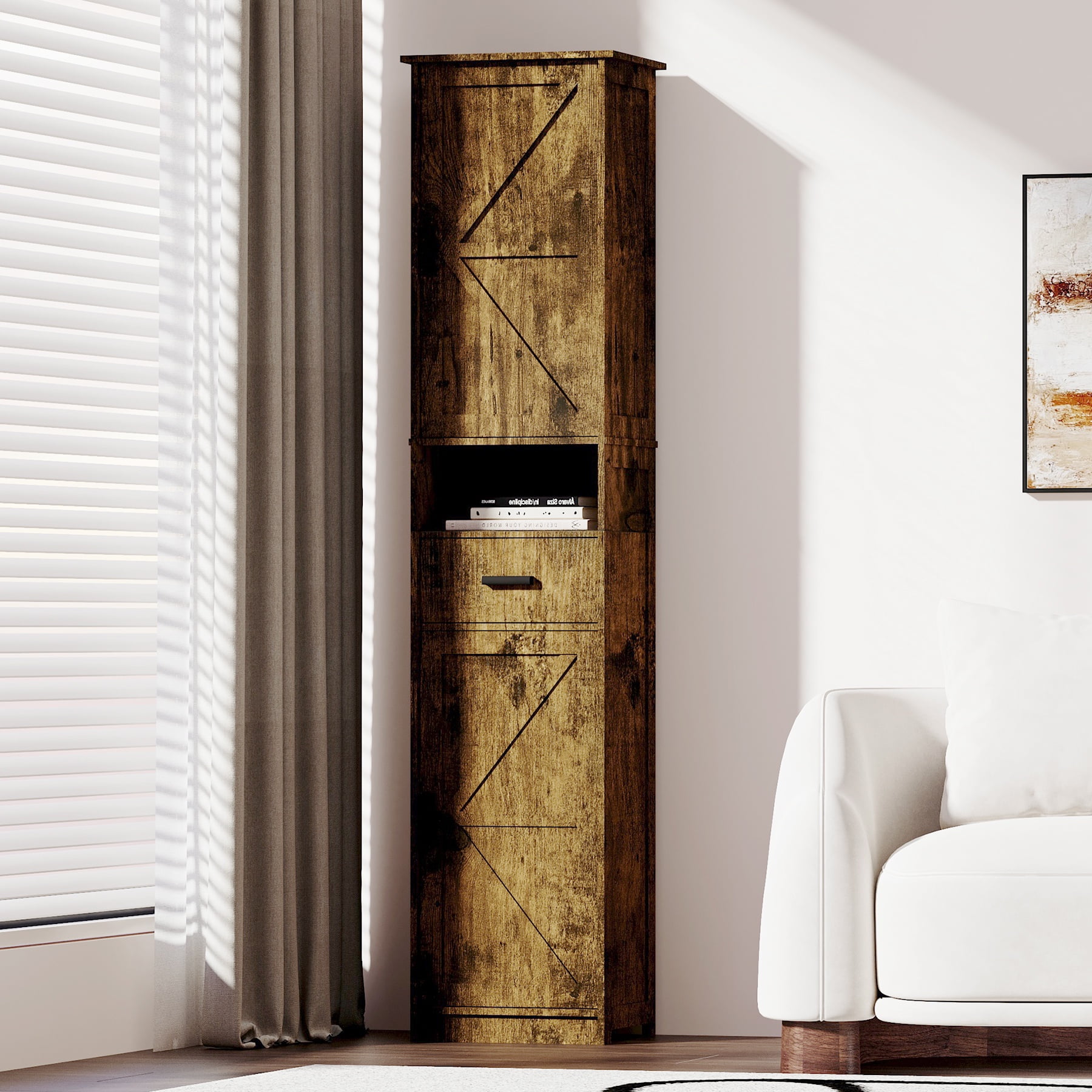 PORKISS Floor Storage Cabinet, Wood Pantry Cabinet with Doors and Drawer, Freestanding Narrow Bathroom Storage Organizer with Adjustable Shelves for Kitchen, Bathroom, Living Room, Vintage