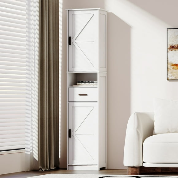 PORKISS Floor Storage Cabinet, Wood Pantry Cabinet with Doors and Drawer, Freestanding Narrow Bathroom Storage Organizer with Adjustable Shelves for Kitchen, Bathroom, Living Room, White