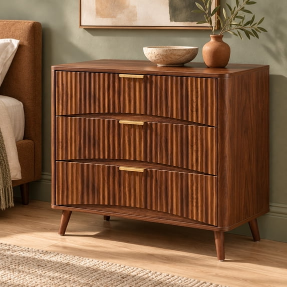 PORKISS Fluted 3 Drawer Dresser for Bedroom, 31.6" Mid Century Chest of Drawers with Curved Fronts, Wood Small Dresser with Metal Handles & Storage for Hallway Living Room Entryway, Walnut A