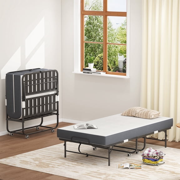 PORKISS Folding Bed with Mattress for Adults, Rollaway Guest Bed with 5" Memory Foam Mattress, Portable Foldable Bed with Locking Wheels, Space Saving Bed for Guest Room, Home Office, 74.8" x 37.8"