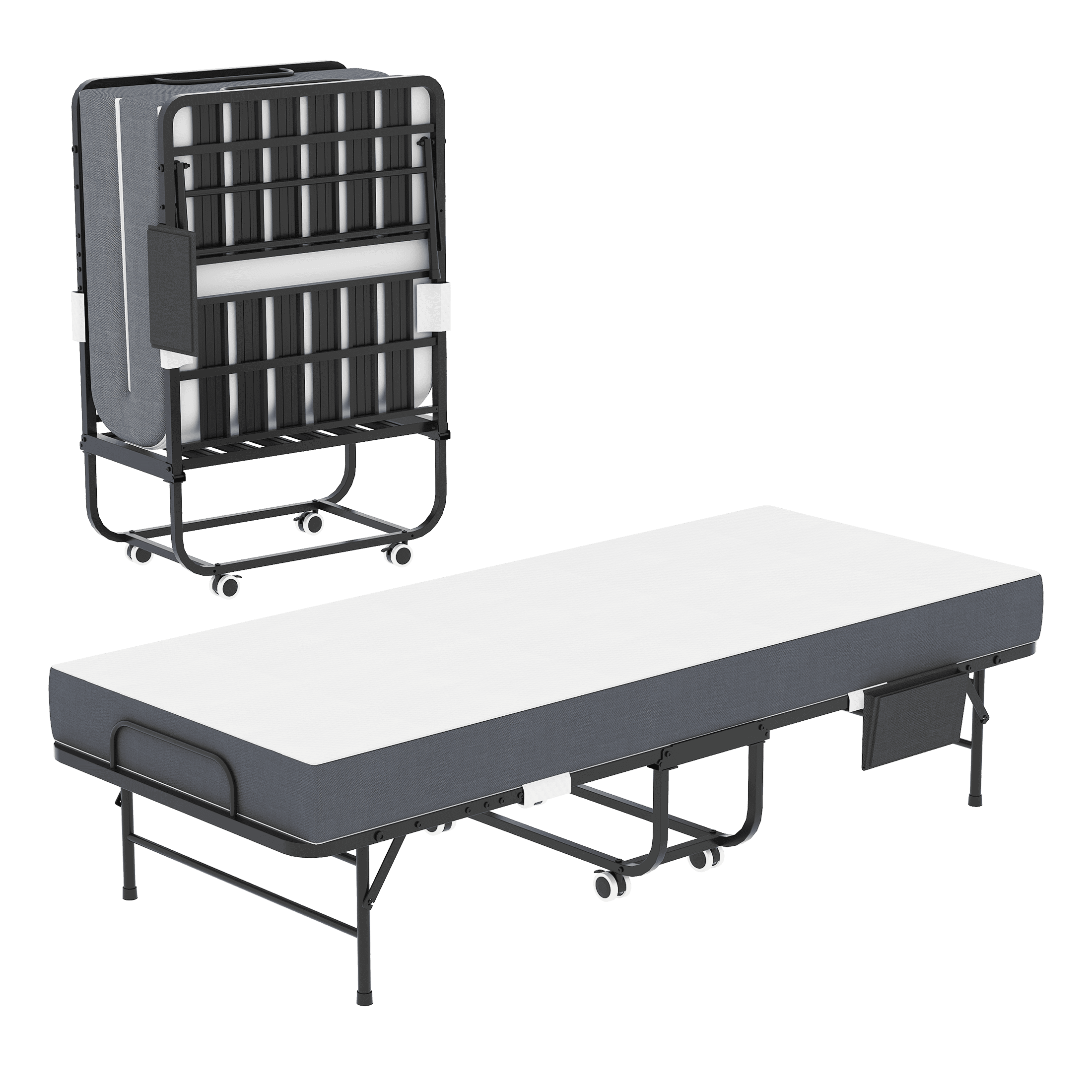 PORKISS Folding Bed with Mattress for Adults, Rollaway Guest Bed with 5" Memory Foam Mattress, Portable Foldable Bed with Locking Wheels, Space Saving Bed for Guest Room, Home Office, 74.8" x 30.7"