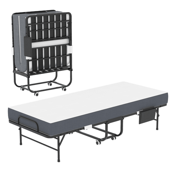 PORKISS Folding Bed with Mattress for Adults, Rollaway Guest Bed with 5" Memory Foam Mattress, Portable Foldable Bed with Locking Wheels, Space Saving Bed for Guest Room, Home Office, 74.8" x 30.7"