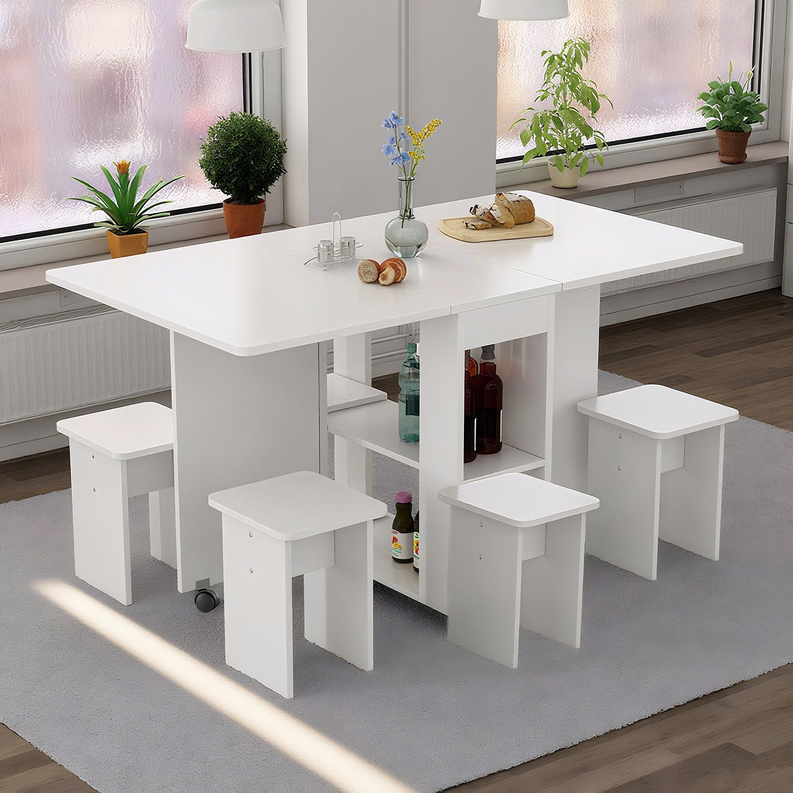 PORKISS Folding Dining Table Set, Space Saving Versatile Dining Room Table Set for 4, Folding Kitchen Table with Wheels, Storage Shelf for Small Apartment, White (with 4 Chairs)