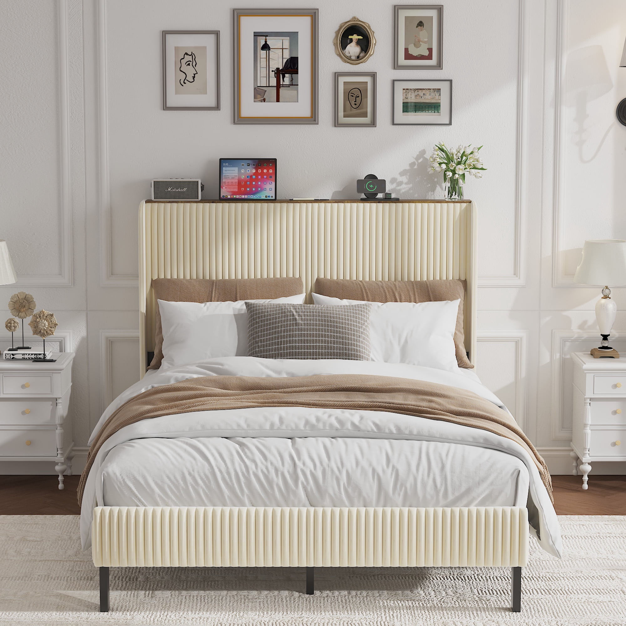 PORKISS Full Bed Frame with Storage Headboard, LED Lights & USB/Type-C Charging Station, Cream White Upholstered Platform Bed Frame, Heavy-Duty Metal Slats, No Box Spring Needed