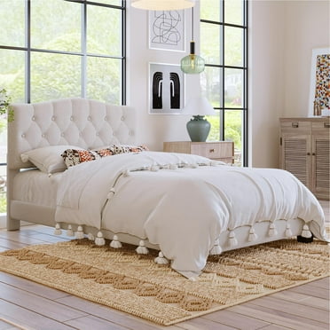 PORKISS Full Size Bed Frame Upholstered Platform with Headboard and Wooden Slats Support, Beige