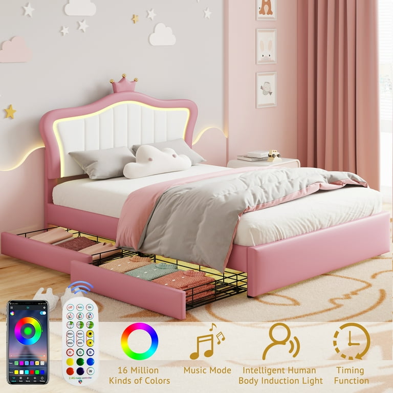 PORKISS Full Size LED Bed Frame with Drawers, PU Upholstered Bed