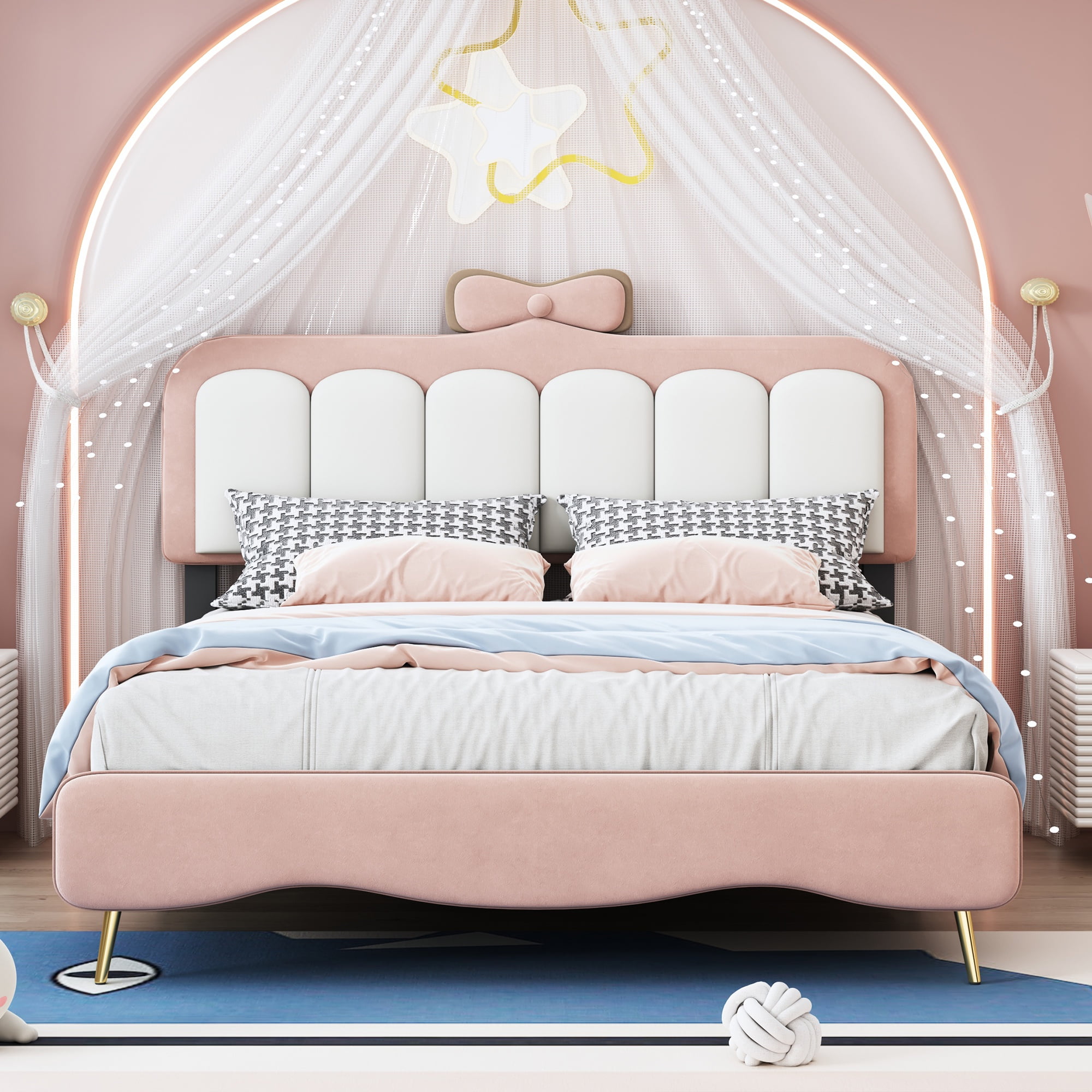 PORKISS Full Bed Frame with Bow-Knot Headboard, Velvet Princess