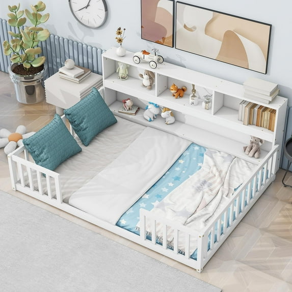 PORKISS Full Floor Bed Frame with Bookcase and Fence, Wood Kids Floor Bed with Storage Shelves, Montessori Bed, White