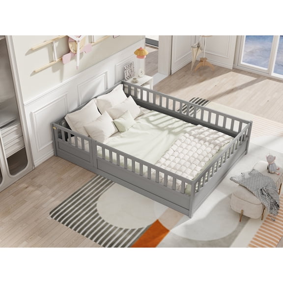 PORKISS Full Floor Bed, Low Montessori Bed Frame with High Rails and Slats, Wooden Kids Bed with Built-in Door, No Box Spring Needed, Montessori Bed Frame for Children, Grey