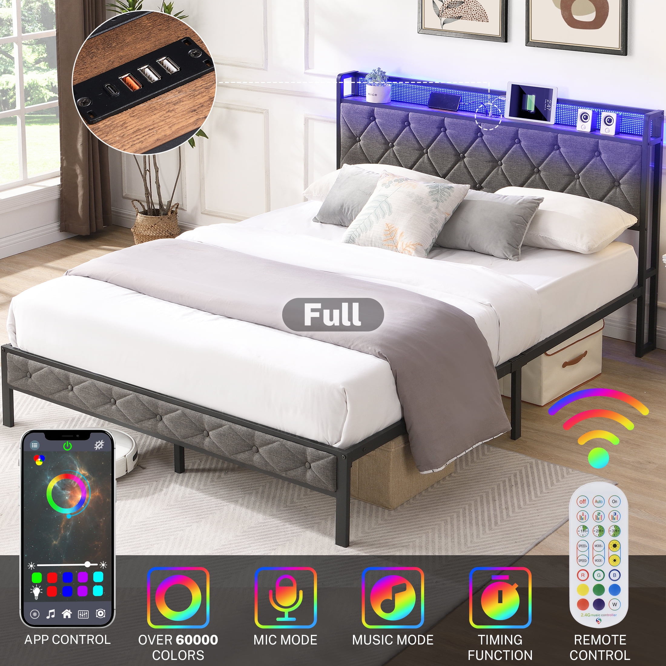 PORKISS LED Bed Frame Full Size with 3 USB Ports and 1 Type-C Port, Platform Metal Bed Frame with Storage Headboard, No Box Spring Needed, Noise-Free, Dark Gray