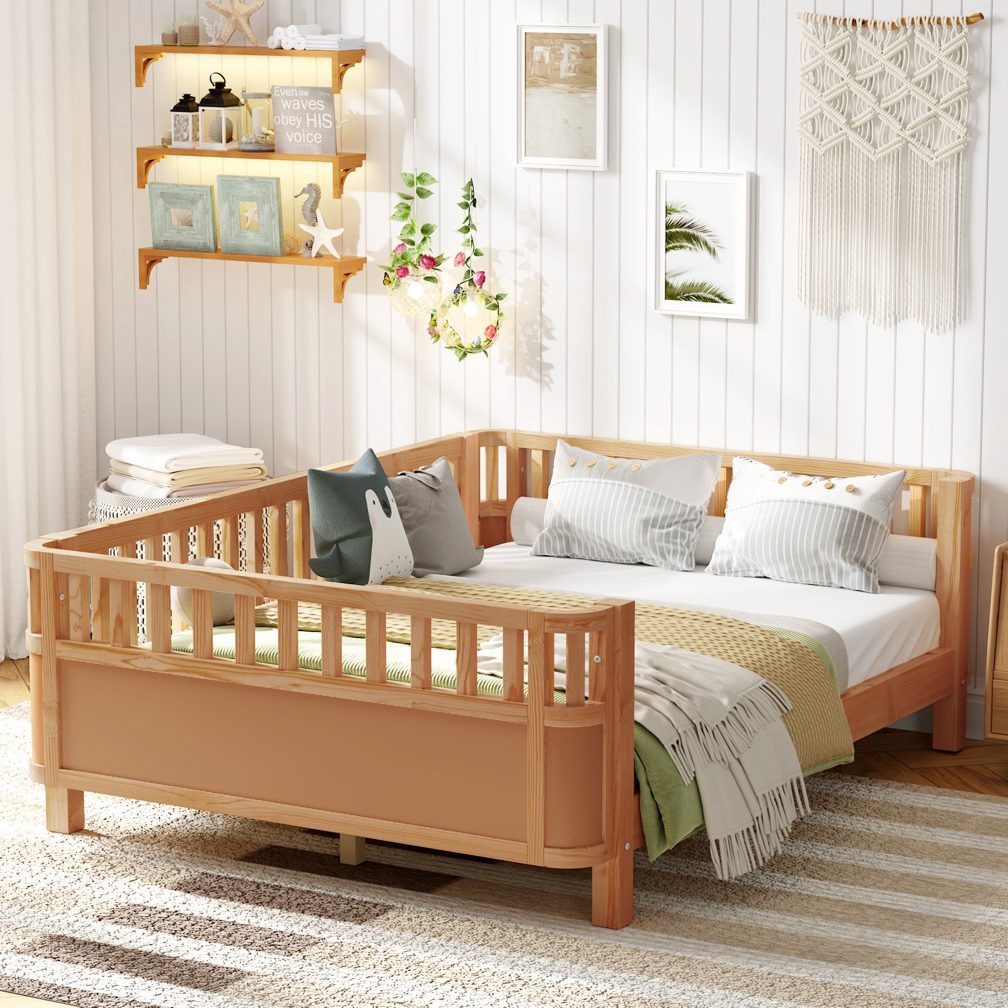 PORKISS Full Size Bed with Fence for Kids, Solid Wood Full Platform Bed Frame with Slats and Safety Guardrails for Girls Boys, Removable Guardrail, No Box Spring Needed, Natural