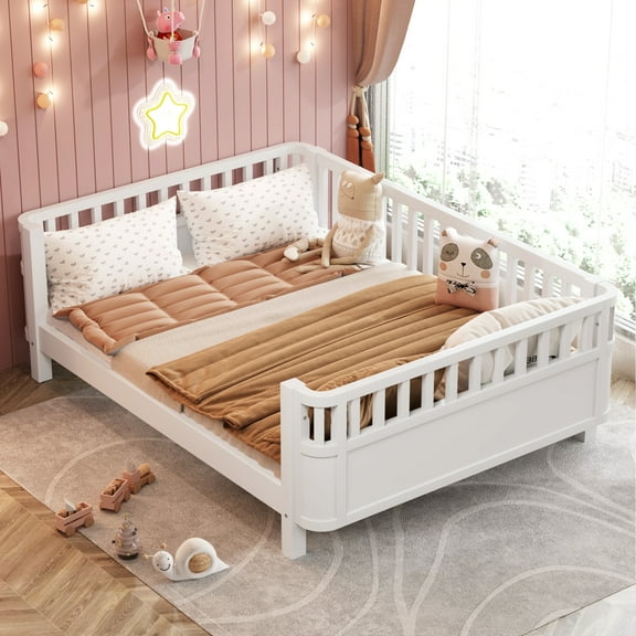 PORKISS Full Size Bed with Fence for Kids, Solid Wood Full Platform Bed Frame with Slats and Safety Guardrails for Girls Boys, Removable Guardrail, No Box Spring Needed, White