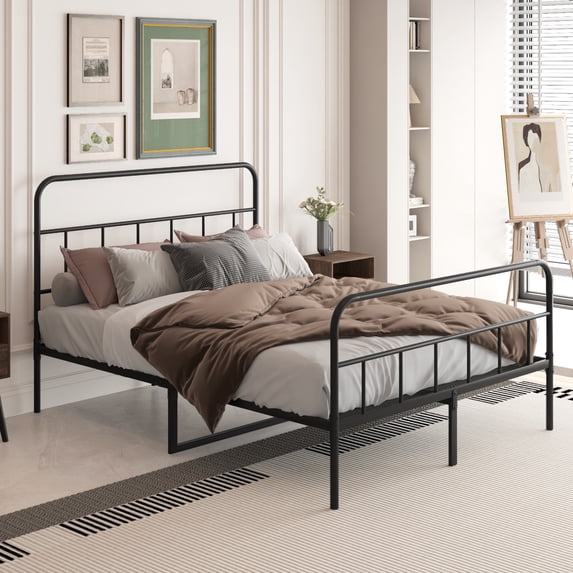PORKISS Full Size Bed Frame, Heavy Duty Metal Platform Bed with Headboard and Footboard, Full Bed Frame No Box Spring Needed, Black