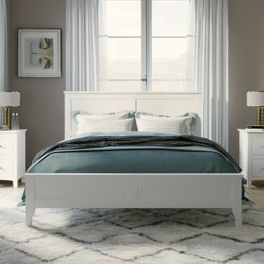 PORKISS Full Size Bed Frame for Solid Wood, Platform Bed Frame with Headboard, Holds 600 lb, No Box Spring Needed, White