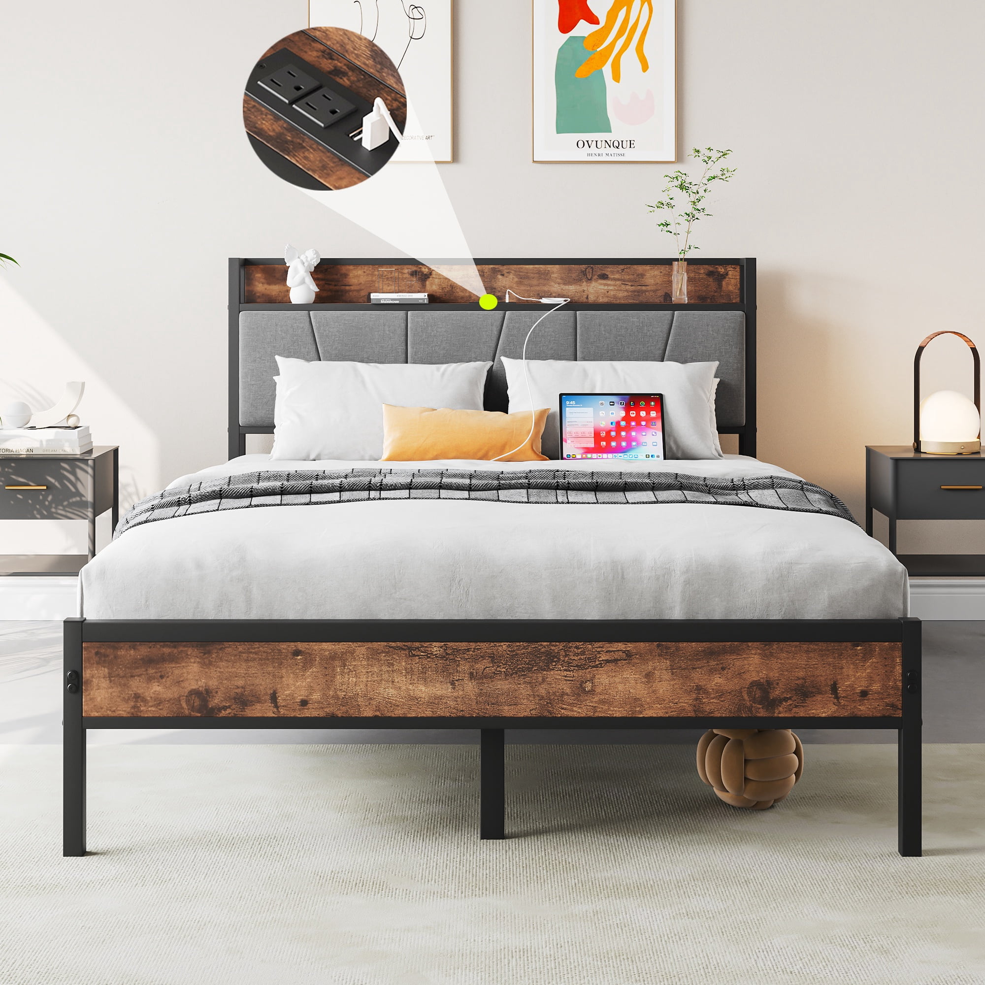 PORKISS Full Size Bed Frame with Storage Headboard, Upholstered Bed Frame, Metal Bed Frame with Power Charging Station & USB Ports, Gray