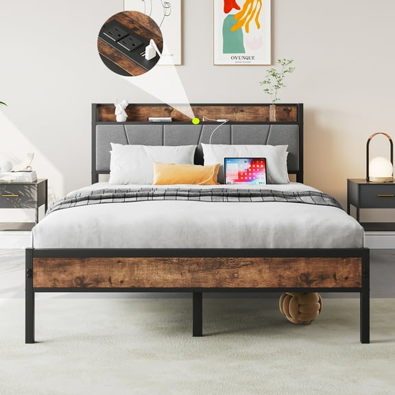 PORKISS Full Size Bed Frame with Storage Headboard, Upholstered Bed Frame, Metal Bed Frame with Power Charging Station & USB Ports, Gray