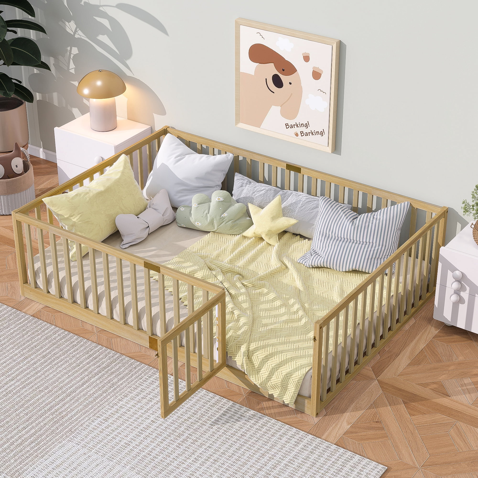 PORKISS Full Size Floor Bed with Door and Fence, Twin Size Bed Frame with Bed Slats, Sturdy Wood Floor Bed for Kids, Boys, Girls, Montessori Bed Frame, Natural