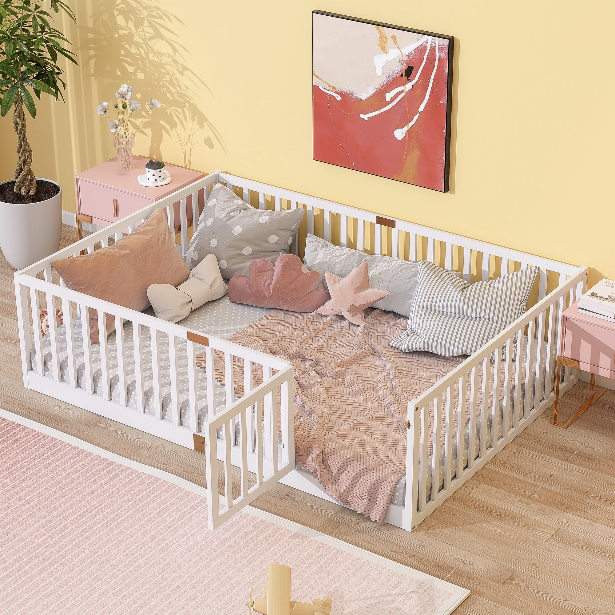 PORKISS Full Size Floor Bed with Door and Fence, Twin Size Bed Frame with Bed Slats, Sturdy Wood Floor Bed for Kids, Boys, Girls, Montessori Bed Frame, White