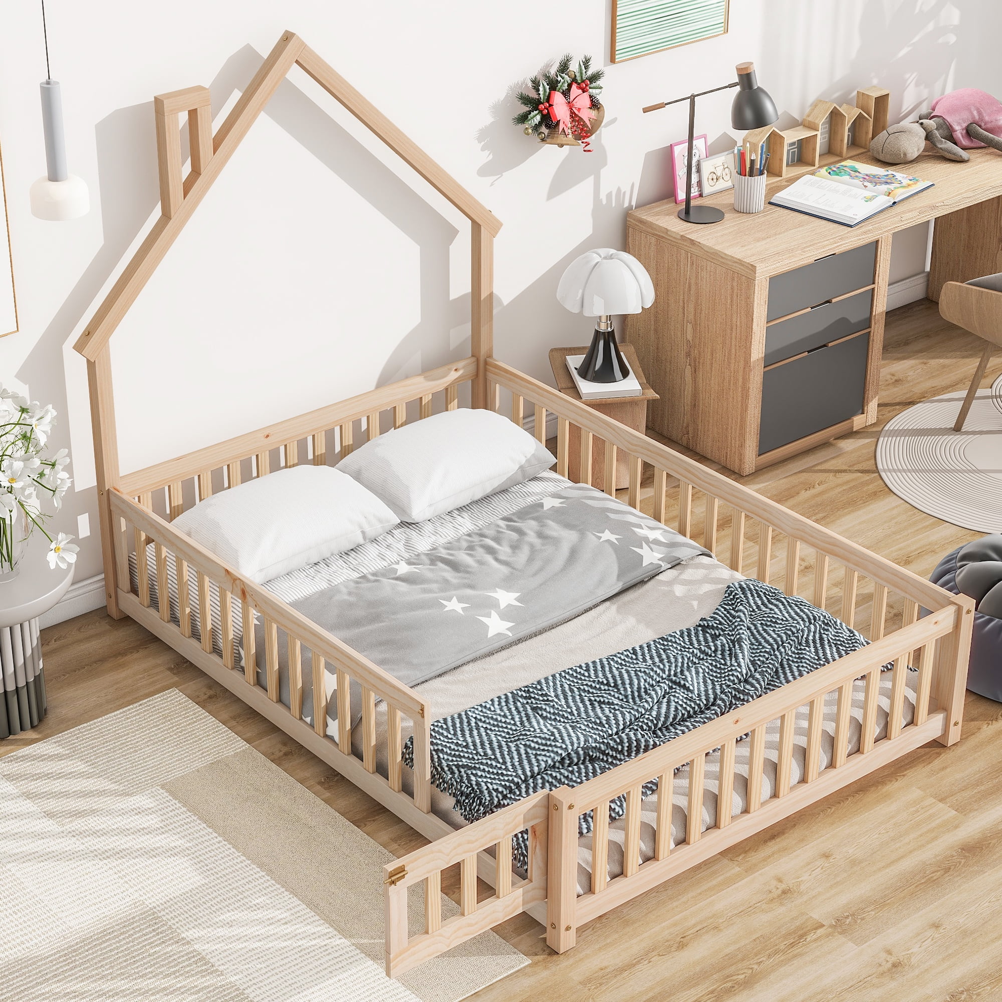 Porkiss Full Size House Platform Bed for Kids with House Shaped Headboard Low Floor Bed with Guardrails Fence Natural Size 78.2 Green