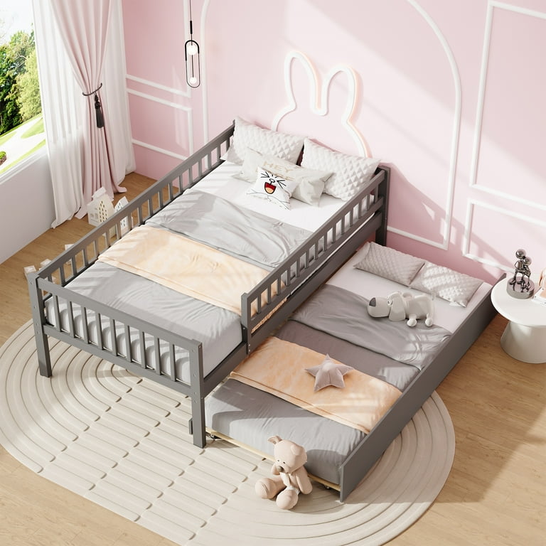 PORKISS Twin Bed Frame for Kids with Trundle and Fence Guardrails Upgrade Pine Wood Platform Bed Frame for Boys Girls No Box Spring Needed Gray