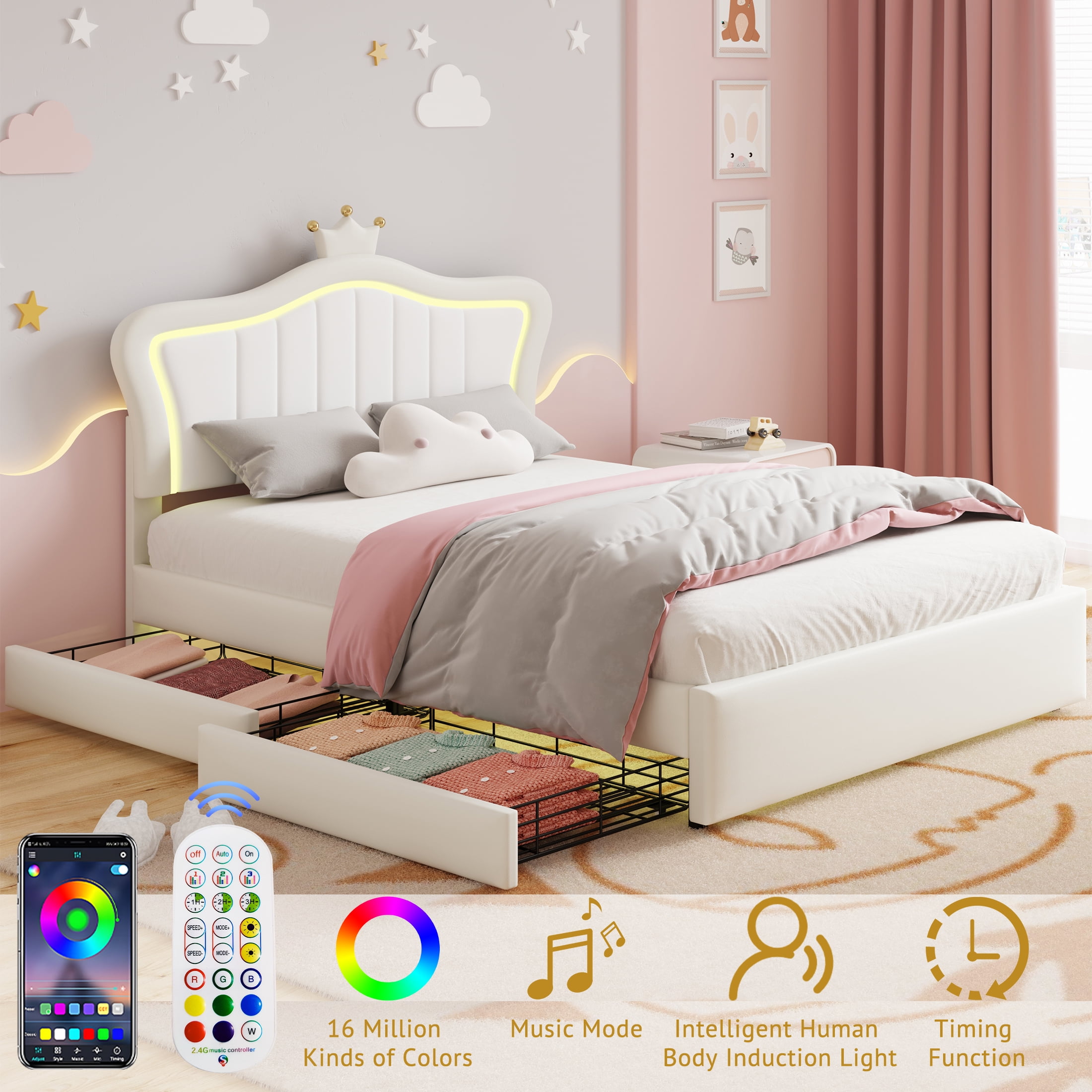 Homfa LED Bed Frame, Full Size Bed for Kids Girls, Velvet