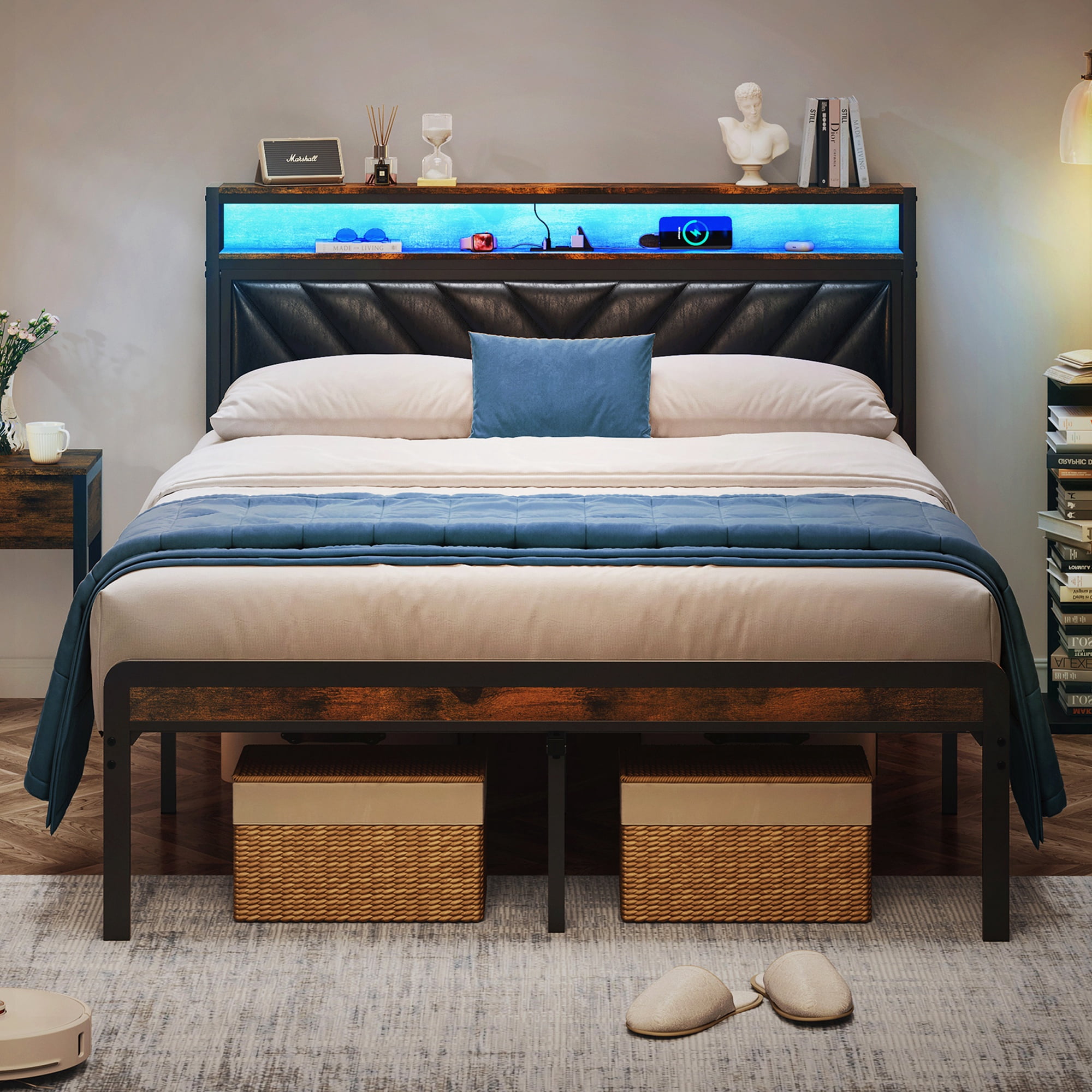 PAPROOS Full Size LED Bed Frame with Charging Station, PU Leather Upholstered Bed, Metal Platform Bed with Soft Cushioned Headboard for Adults Teens, Brown
