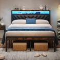 thumbnail image 1 of PAPROOS Full Size LED Bed Frame with Charging Station, PU Leather Upholstered Bed, Metal Platform Bed with Soft Cushioned Headboard for Adults Teens, Brown, 1 of 10