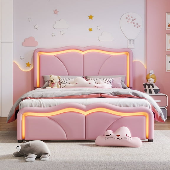 PAPROOS Full Size LED Bed Frame, PU Leather Upholstered Bed, Wood Platform Bed with Soft Cushioned Headboard, Princess Bed, Pink