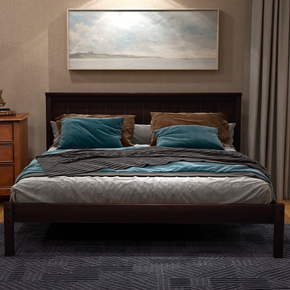 PORKISS Full Size Platform Bed Frame with Headboard, Wood Platform Bed with Slat Support, Espresso