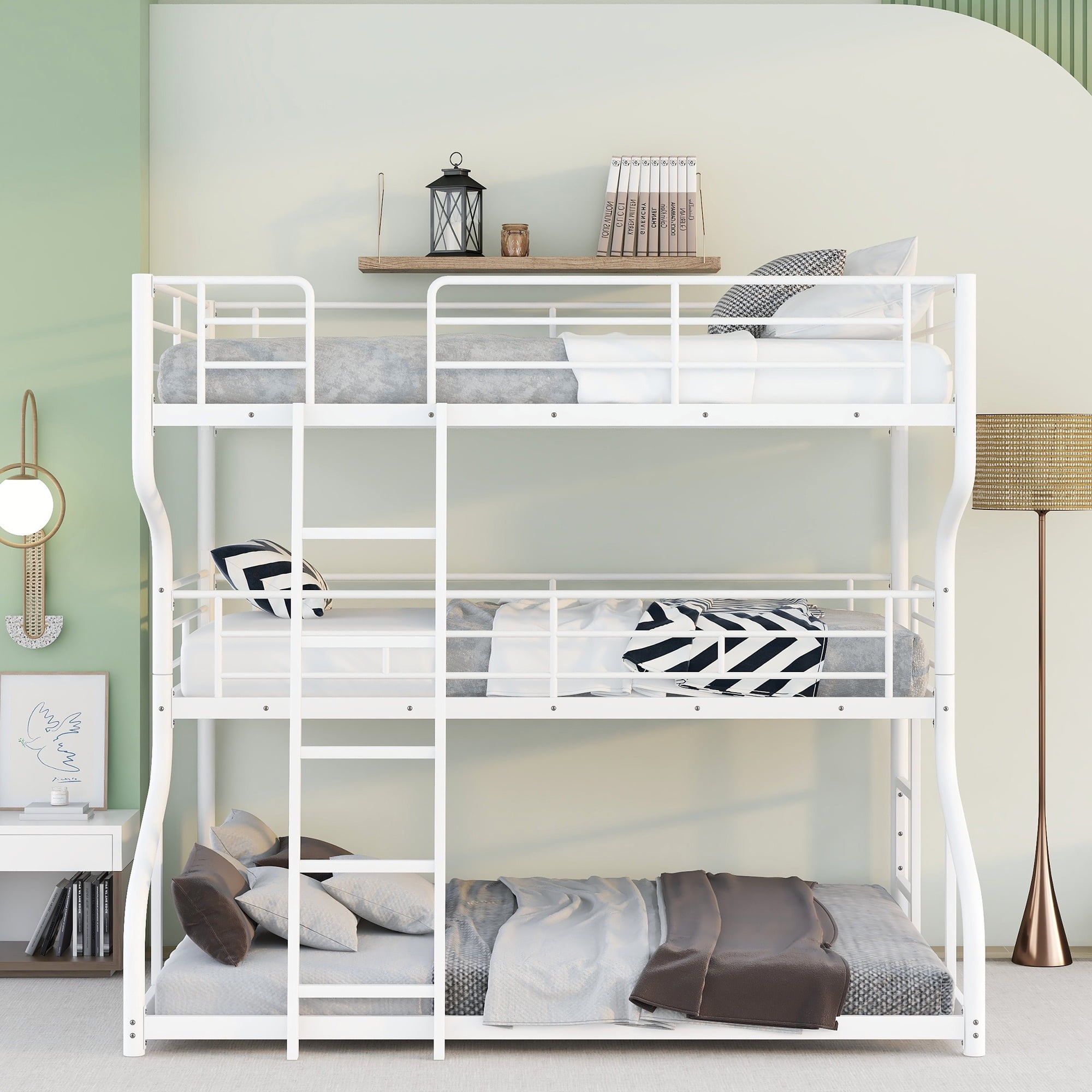 PORKISS Full XL over Twin XL over Queen Triple Bunk Bed, Metal Bunk Bed with Long and Short Ladder for Kids Teens Adults, No Box Spring Needed, White