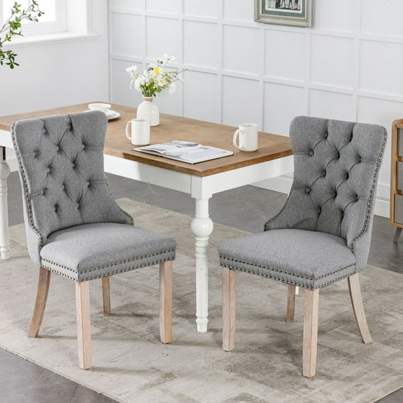 PORKISS Gray Dining Chairs Set of 2, Flax Upholstered Tufted Dining Room Chair with Back Ring and Nailhead Trim, Modern Velvet Chairs with Solid Wood Legs for Kitchen