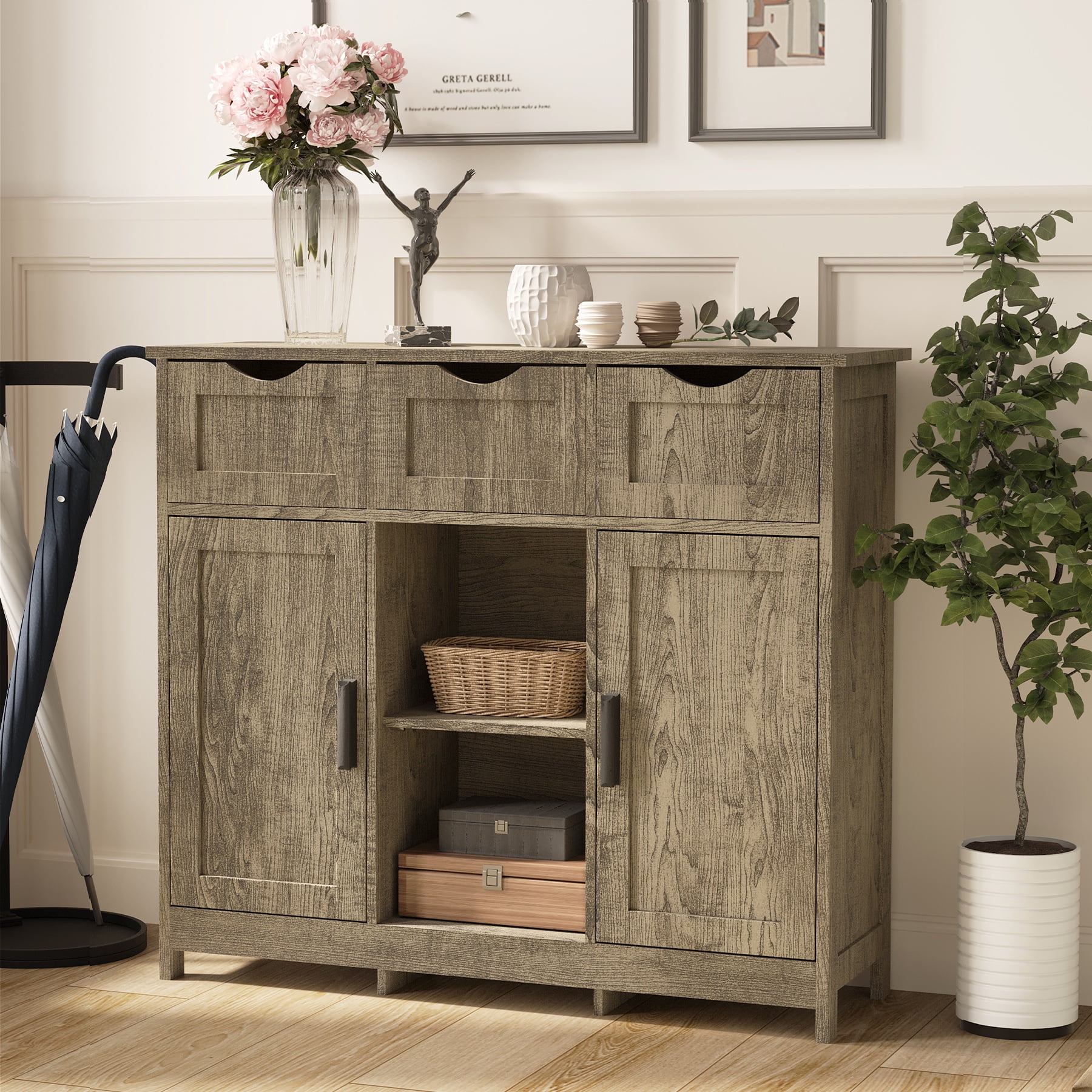 PORKISS Grey Floor Storage Cabinet, Wood Accent Cabinet with Drawers and Adjustable Shelves Storage, Modern Pantry Cabinet for Kitchen, Bathroom, Living Room