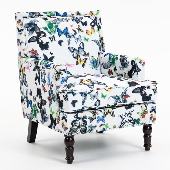 PORKISS High Back Accent Chair, Upholstered Reading Armchair with Thick Cushion, Modern Living Room Chairs with Nailhead Trim & Turned Wood Legs, Single Sofa for Bedroom, Butterfly Pattern