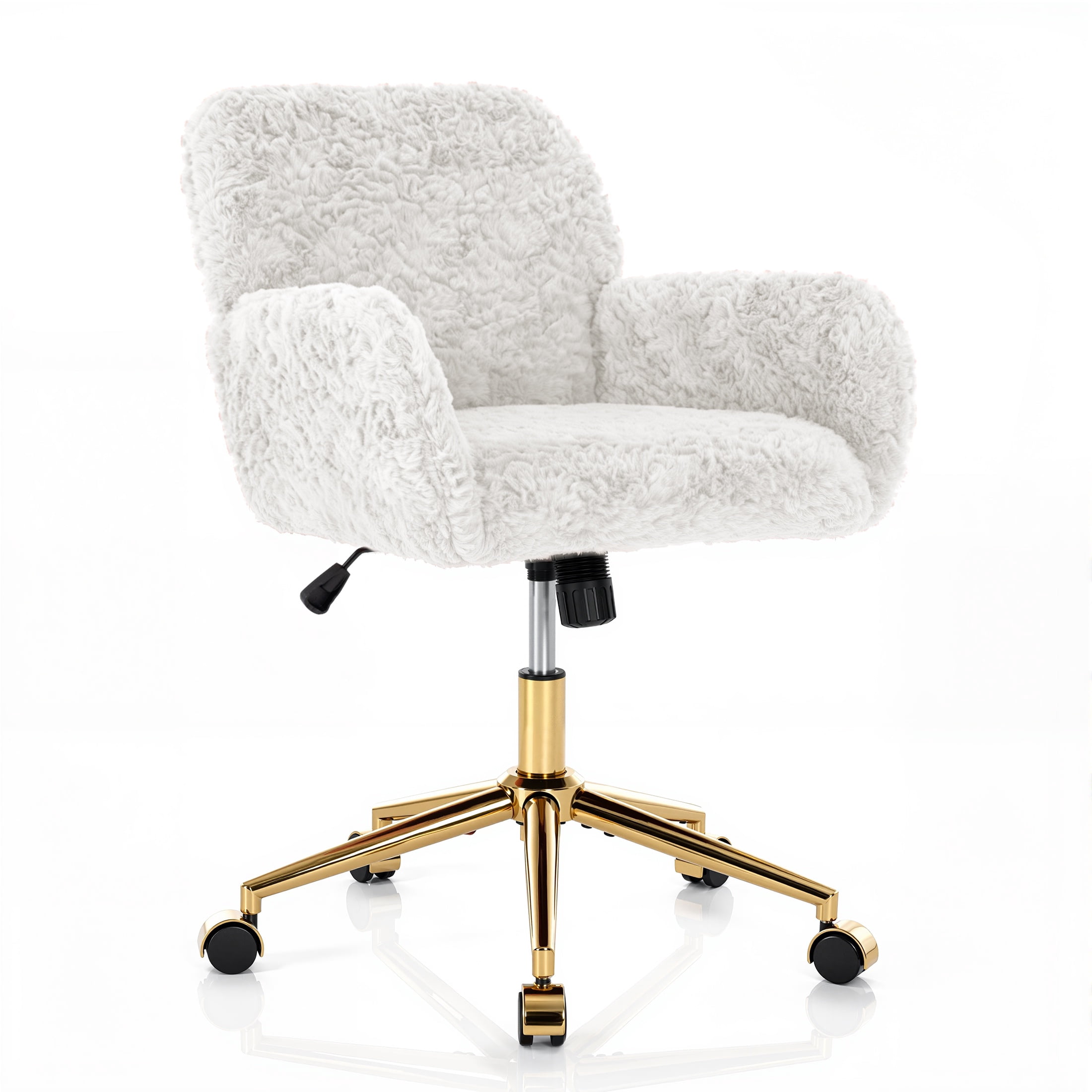 PAPROOS Vanity Chair with Back, Adjustable Swivel Makeup Desk Chair with Wheels and Arms, Fluffy Home Office Task Chair with Artificial Rabbit Hair for Bedroom, Dorm, Study Room, Beige