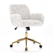 PAPROOS Vanity Chair with Back, Adjustable Swivel Makeup Desk Chair with Wheels and Arms, Fluffy Home Office Task Chair with Artificial Rabbit Hair for Bedroom, Dorm, Study Room, Beige
