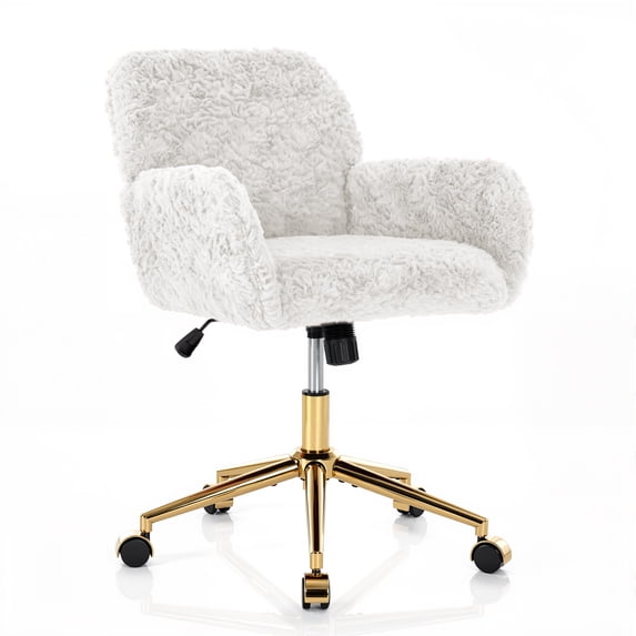 PAPROOS Vanity Chair with Back, Home Office Chair, Ergonomic Home Desk Chair with Artificial Rabbit Hair, Adjustable Swivel Task Computer Chair with Arm, Wheels, Beige
