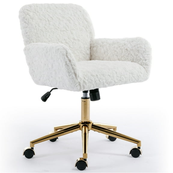 PORKISS Vanity Chair with Back, Home Office Chair, Ergonomic Home Desk Chair with Artificial Rabbit Hair, Adjustable Swivel Task Computer Chair with Arm, Wheels, Beige